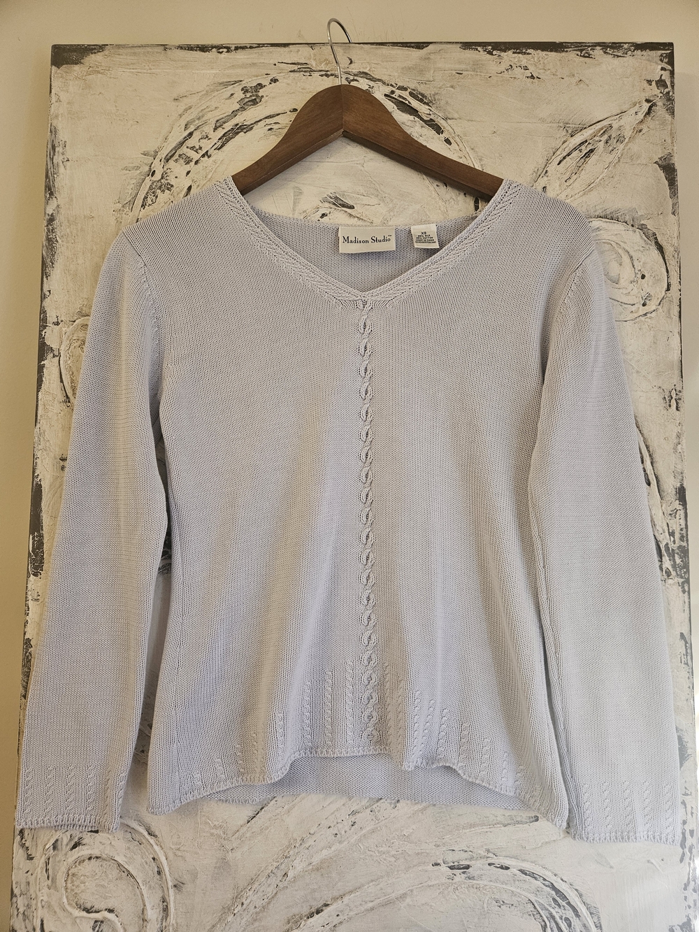 Madison Studio Lavender V-Neck Cable-Trim Knit Sweater 55% Silk 45% Cotton